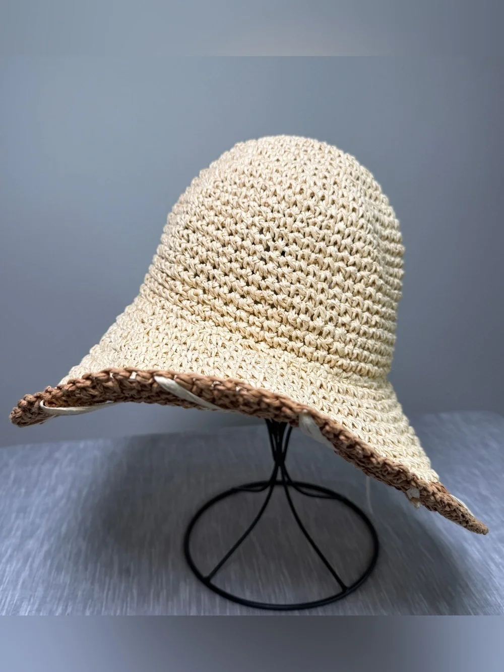 By Anthropologie Crochet Paper Floppy Sun Hat Cream Tan Colorblock Whipstitch OS